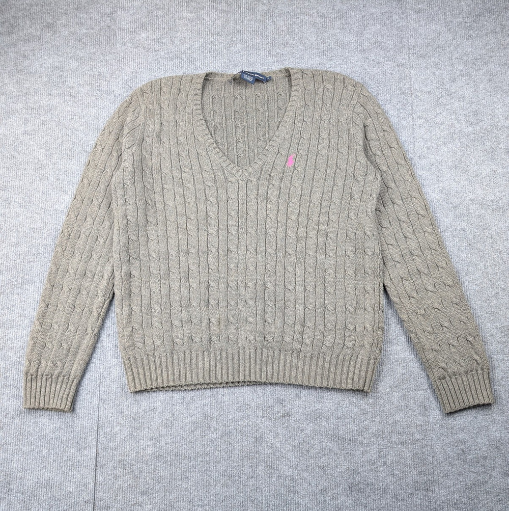 Ralph Lauren Sport Cable Knit Sweater Womens XL Gray Cotton Quiet Luxury Minimal